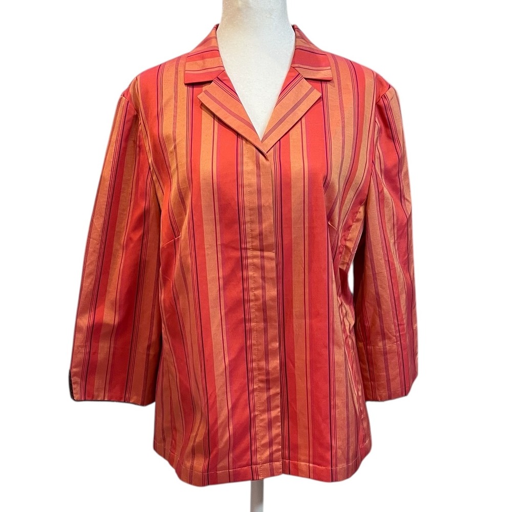Escada Sport Orange Pink Striped Shirt Jacket Collared Silk Cotton Size 38
